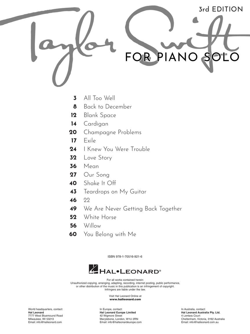 Taylor Swift for Piano Solo - 3rd Edition