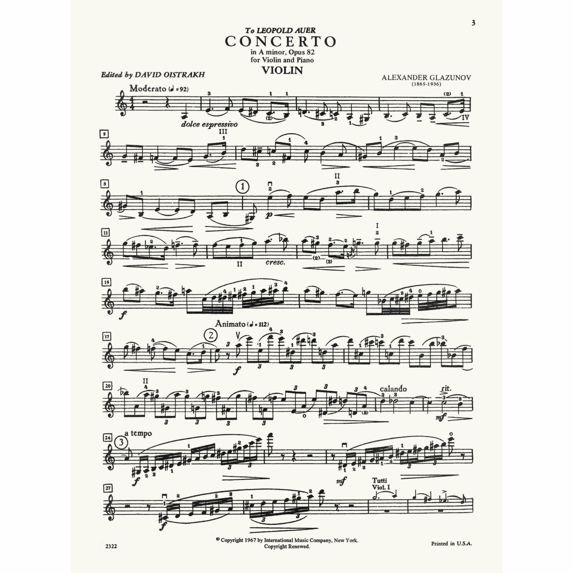 Glazunov: Concerto in A minor, Op. 82 for Violin and Piano