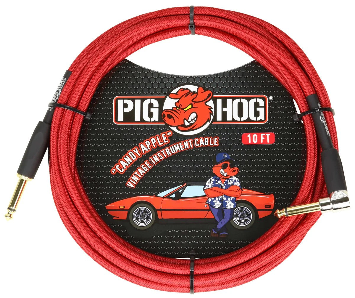 Pig Hog Instrument Cable 10ft Right Angle, Candy Apple Red