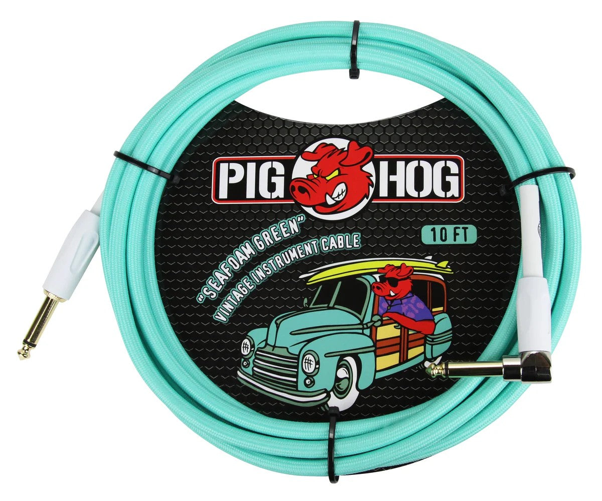 Pig Hog Instrument Cable 10ft Right Angle, Seafoam Green