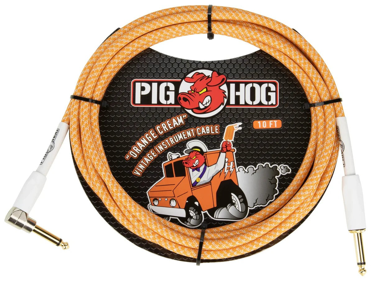Pig Hog Instrument Cable 10ft Right Angle, Orange Creme