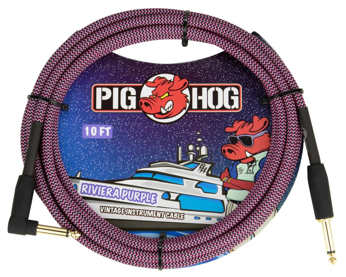Pig Hog Instrument Cable 10ft Right Angle, Riviera Purple