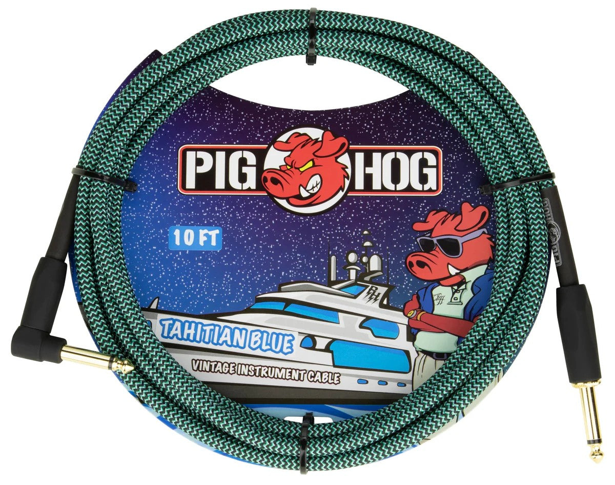 Pig Hog Instrument Cable 10ft Right Angle, Tahitian Blue
