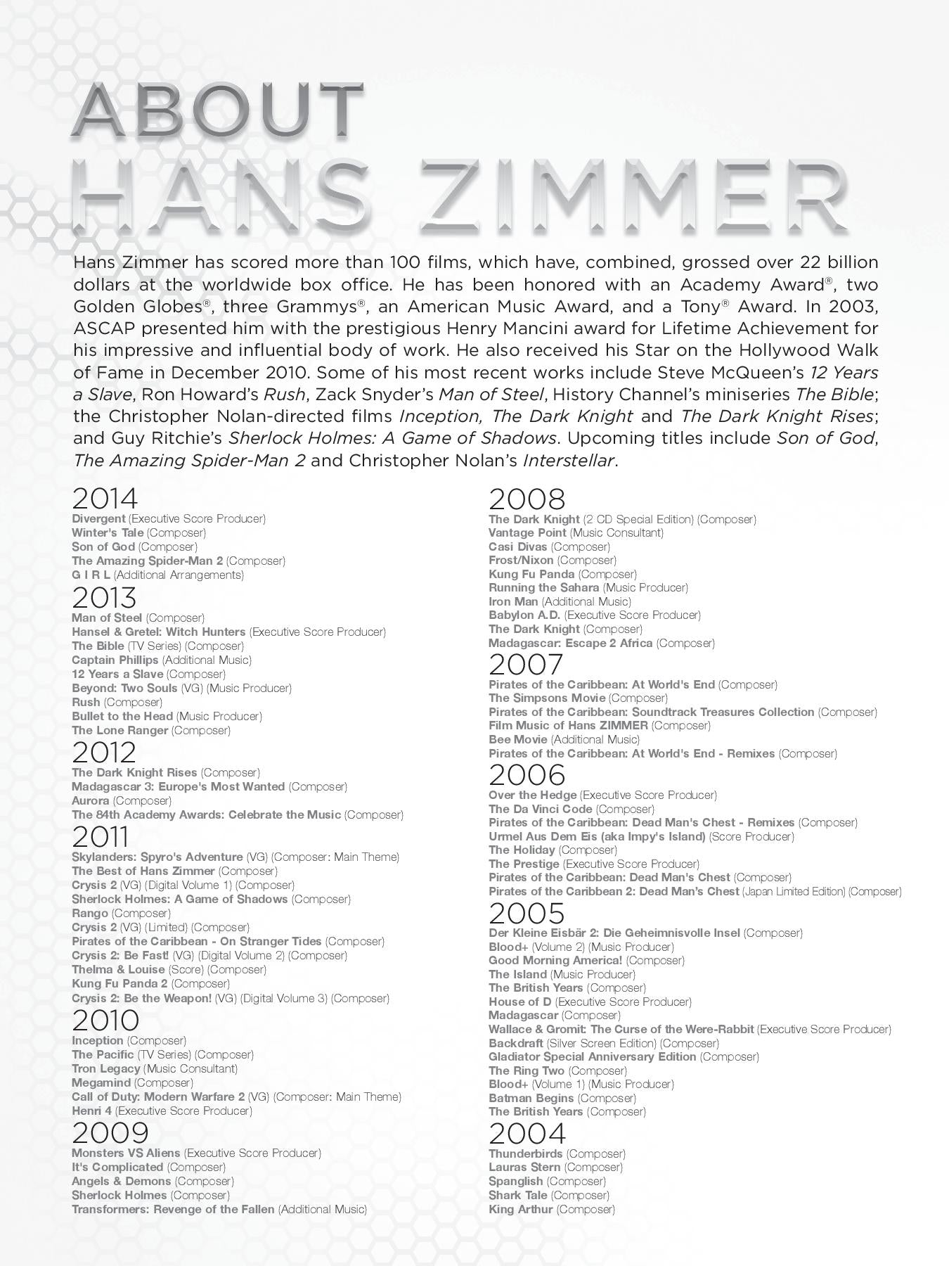 Hans Zimmer Collection, Piano / Vocal / Chords