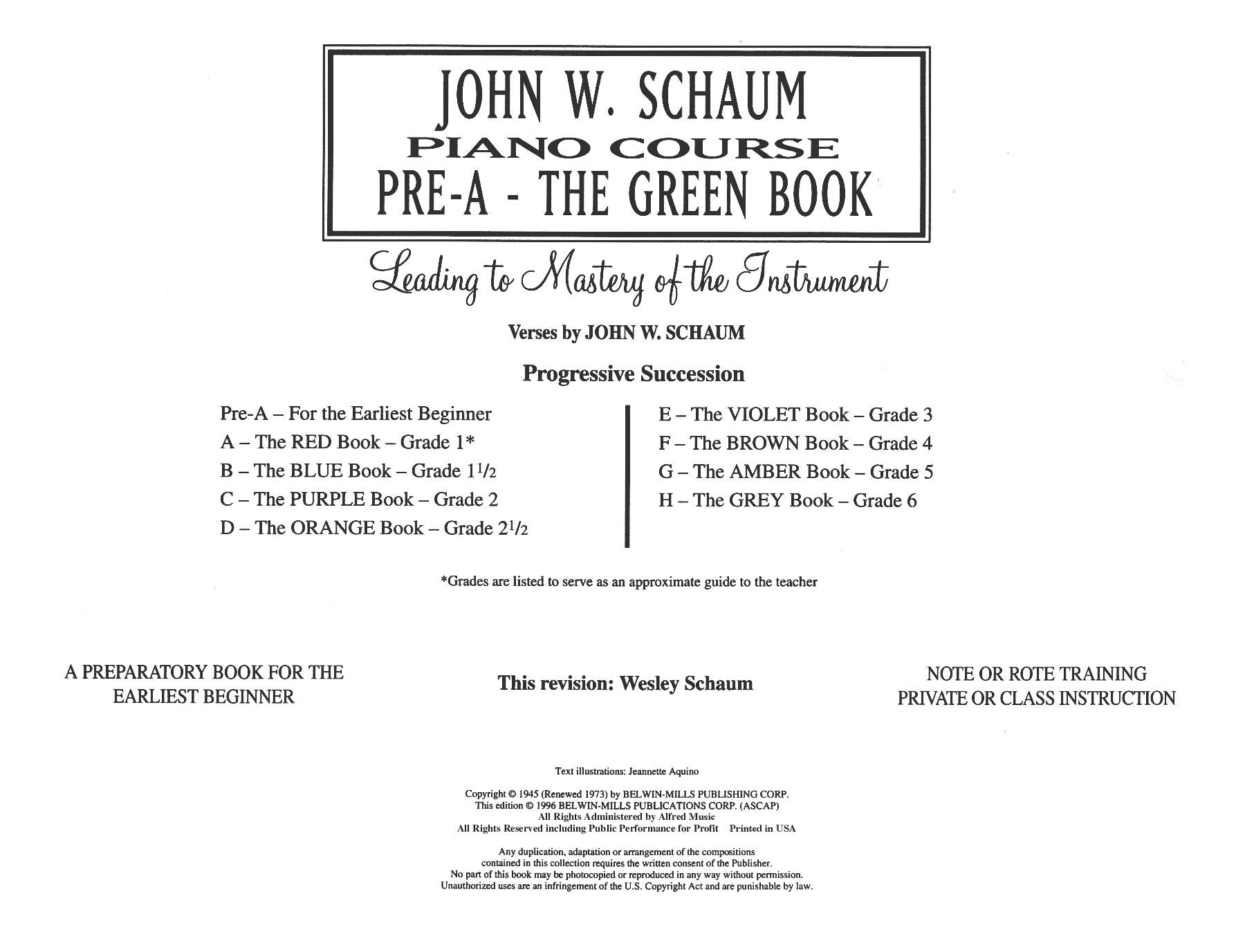 Schaum Piano Course, Pre A - The Green Book