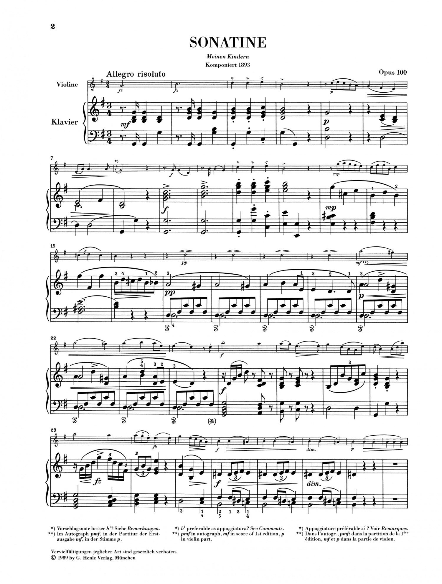 Dvorak: Violin Sonatina in G Major Op 100 for Violin & Piano