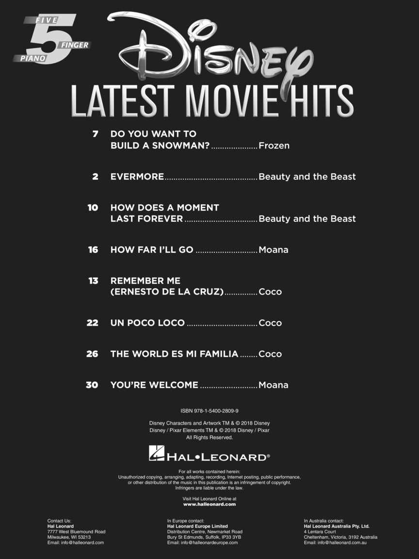 Disney Latest Movie Hits for 5-Finger Piano