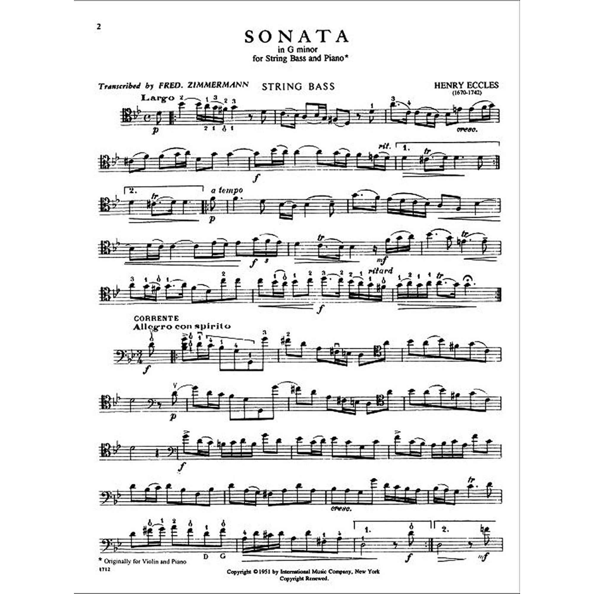 Eccles: Sonata in G Minor for String Bass and Piano