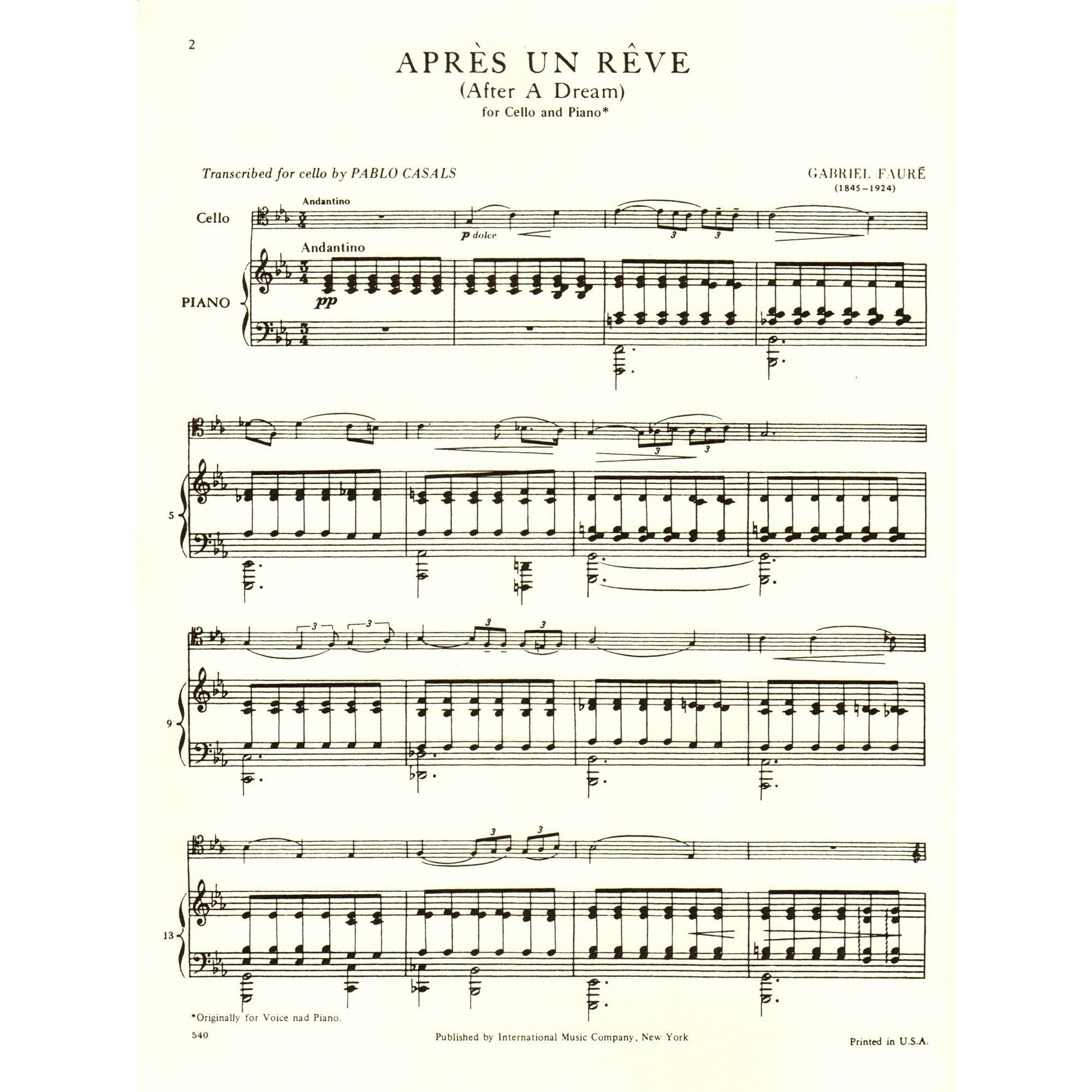 Faure: Apres un Reve for Cello and Piano, Op. 7 No. 1