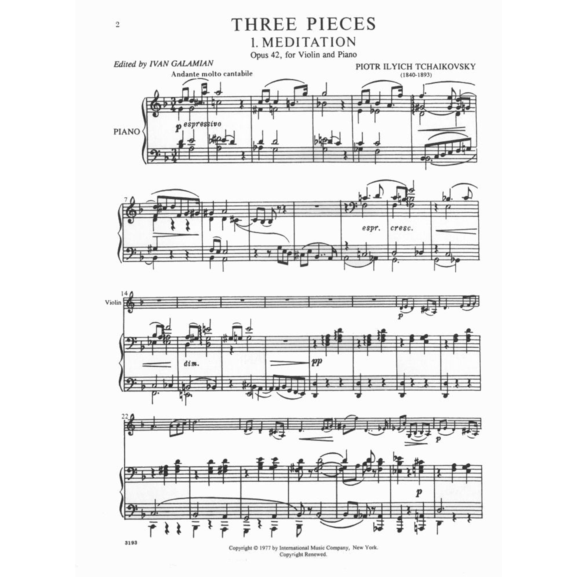 Tchaikovsky: Souvenir d'un Lieu Cher for Violin and Piano, Op 42