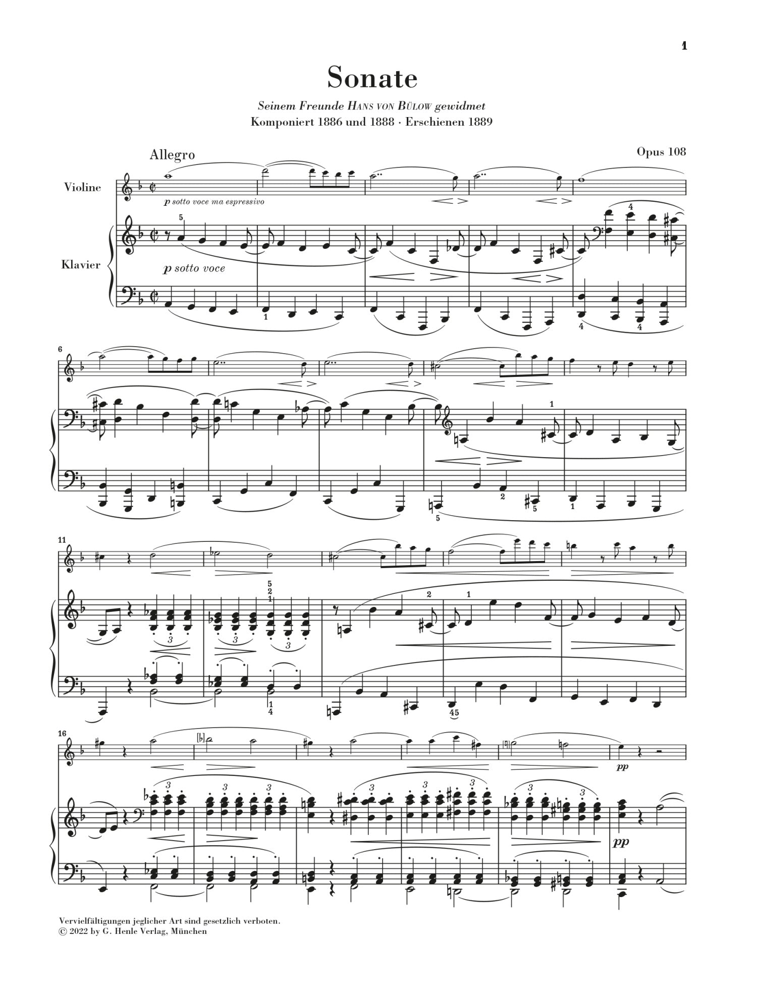 Brahms: Sonata in D Major Op. 108 for Violin & Piano