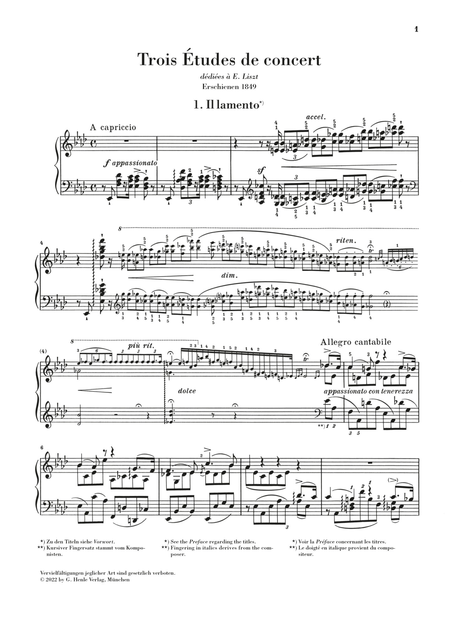 Liszt: Trois Etudes de Concert Piano Solo