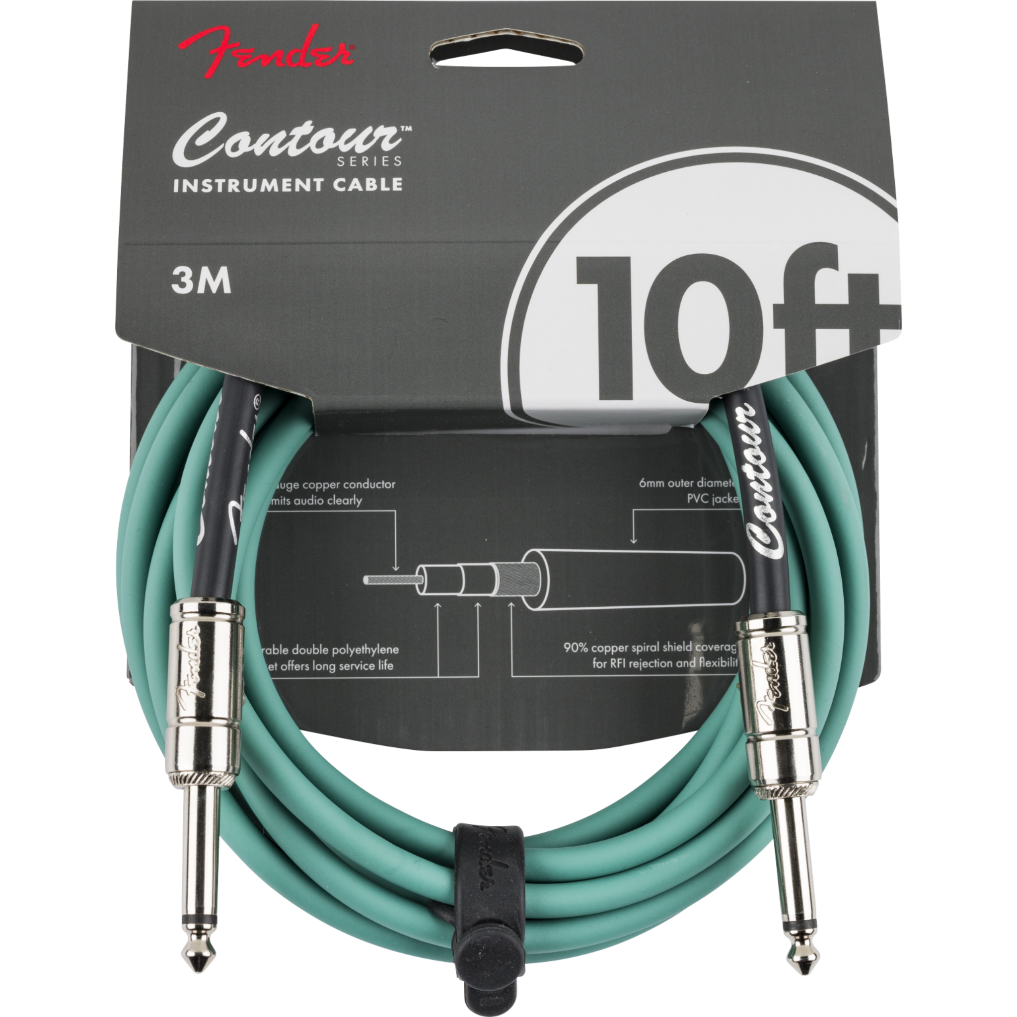 Fender Contour Series Instrument Cable 10ft/3M, Sherwood Green