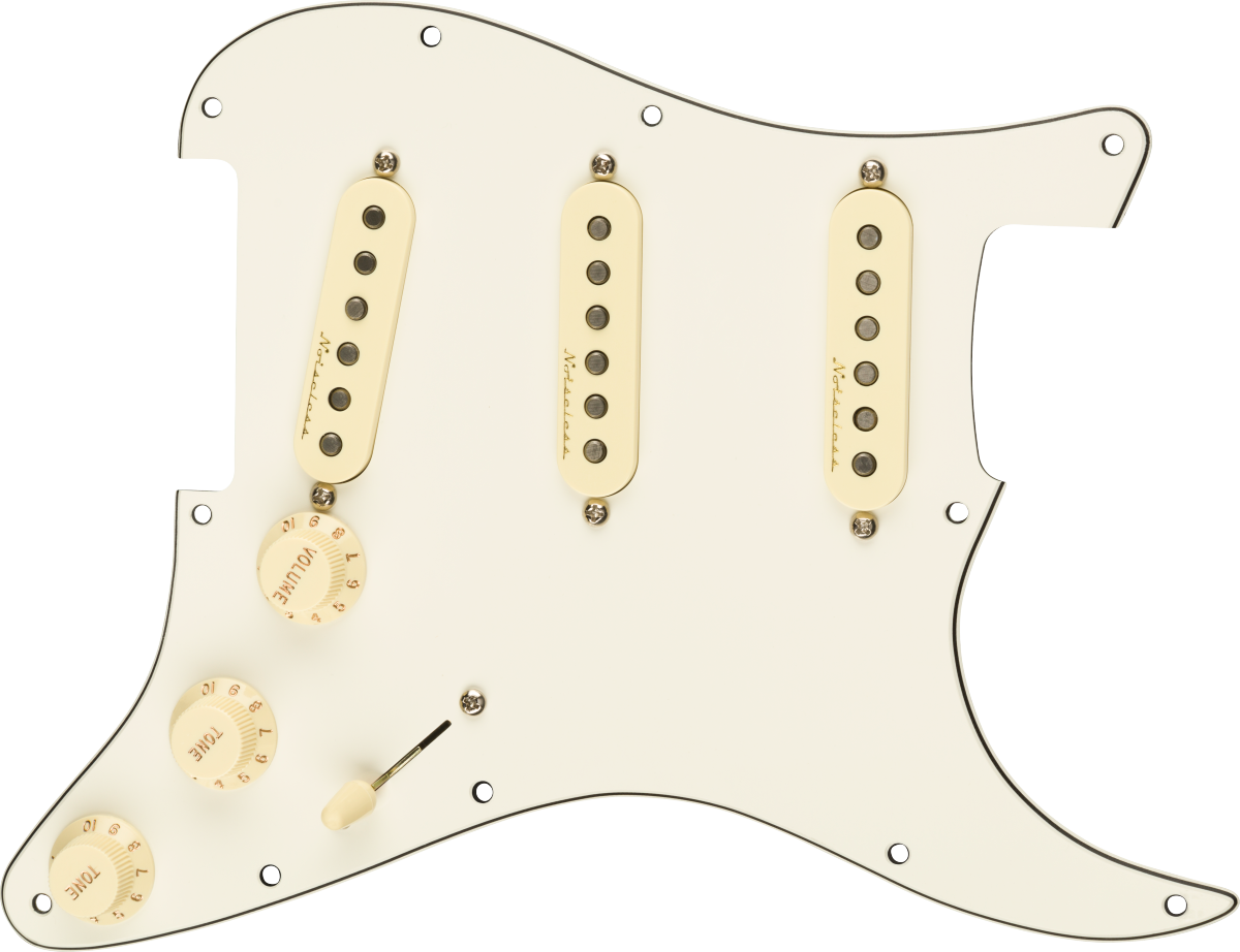 Fender Pre-wired Strat Pickguard Vintage Noiseless SSS, Parchment 11 Hole PG