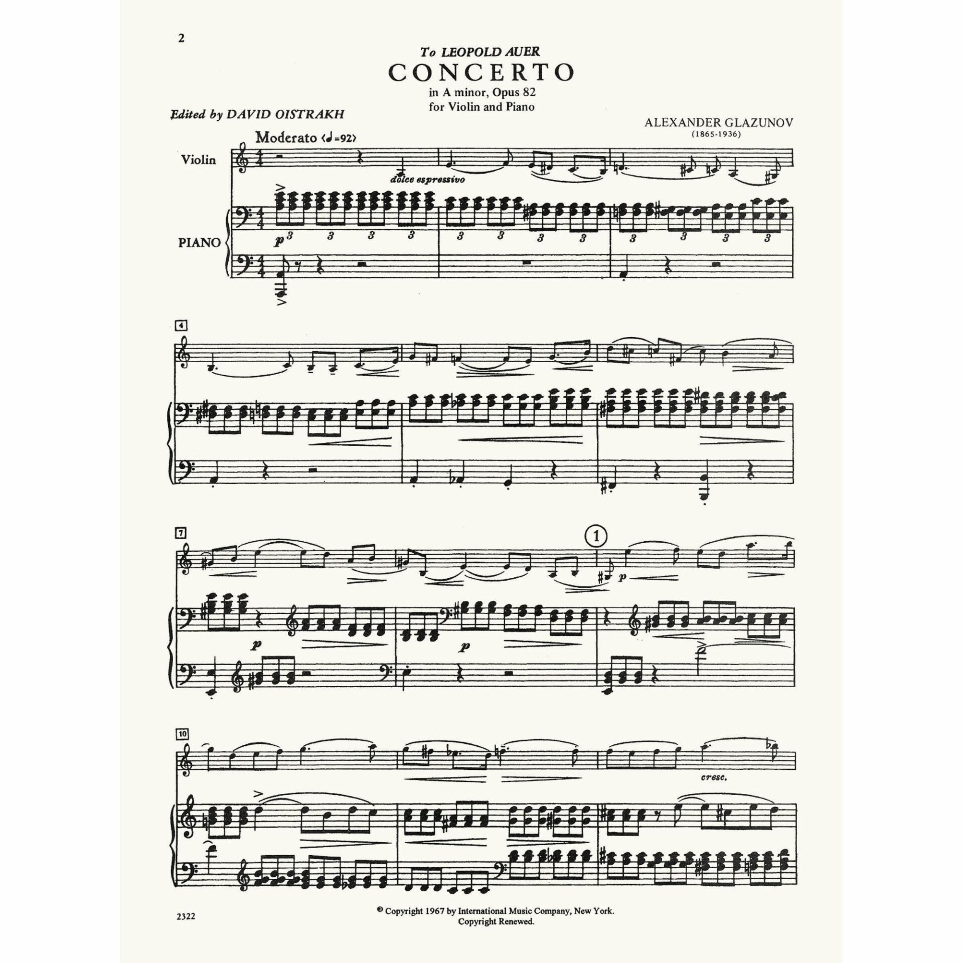 Glazunov: Concerto in A minor, Op. 82 for Violin and Piano