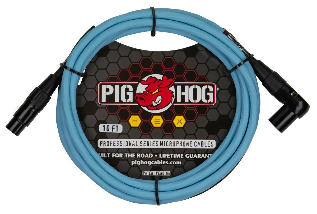 Pig Hog Hex Mic Cable 10ft Right Angle, Daphne Blue