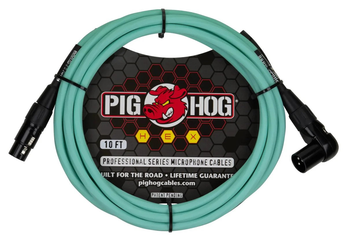 Pig Hog Hex Mic Cable 10ft Right Angle, Seafoam Green
