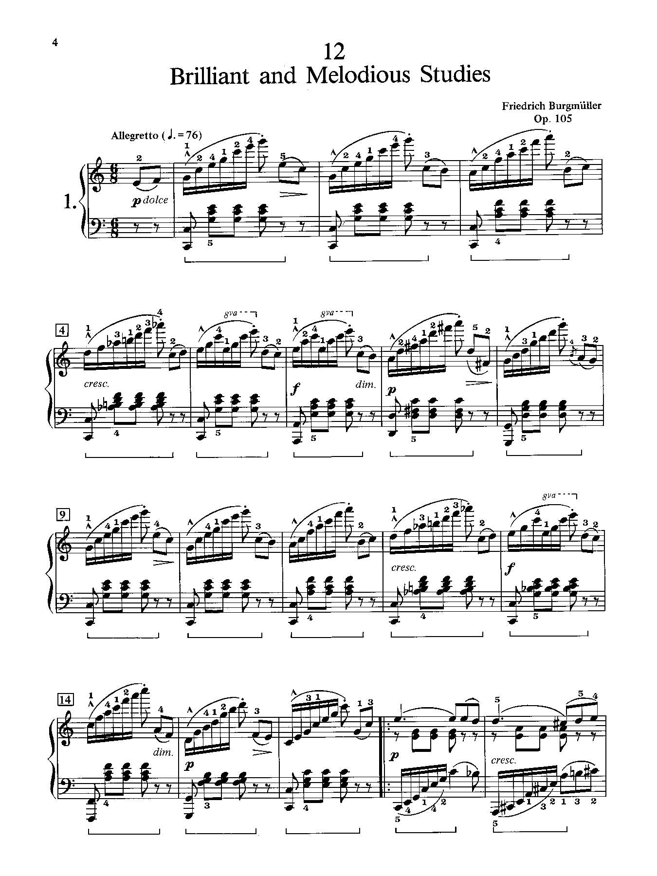 Burgmüller: 12 Brilliant Studies, Opus 105 for Piano Solo