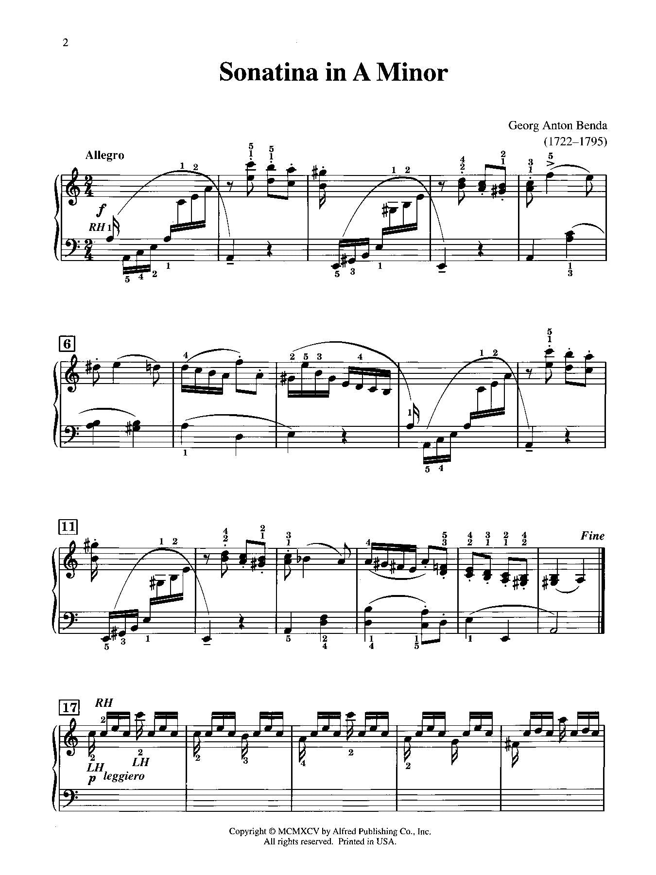 Benda: Sonatina in A Minor for Piano Solo
