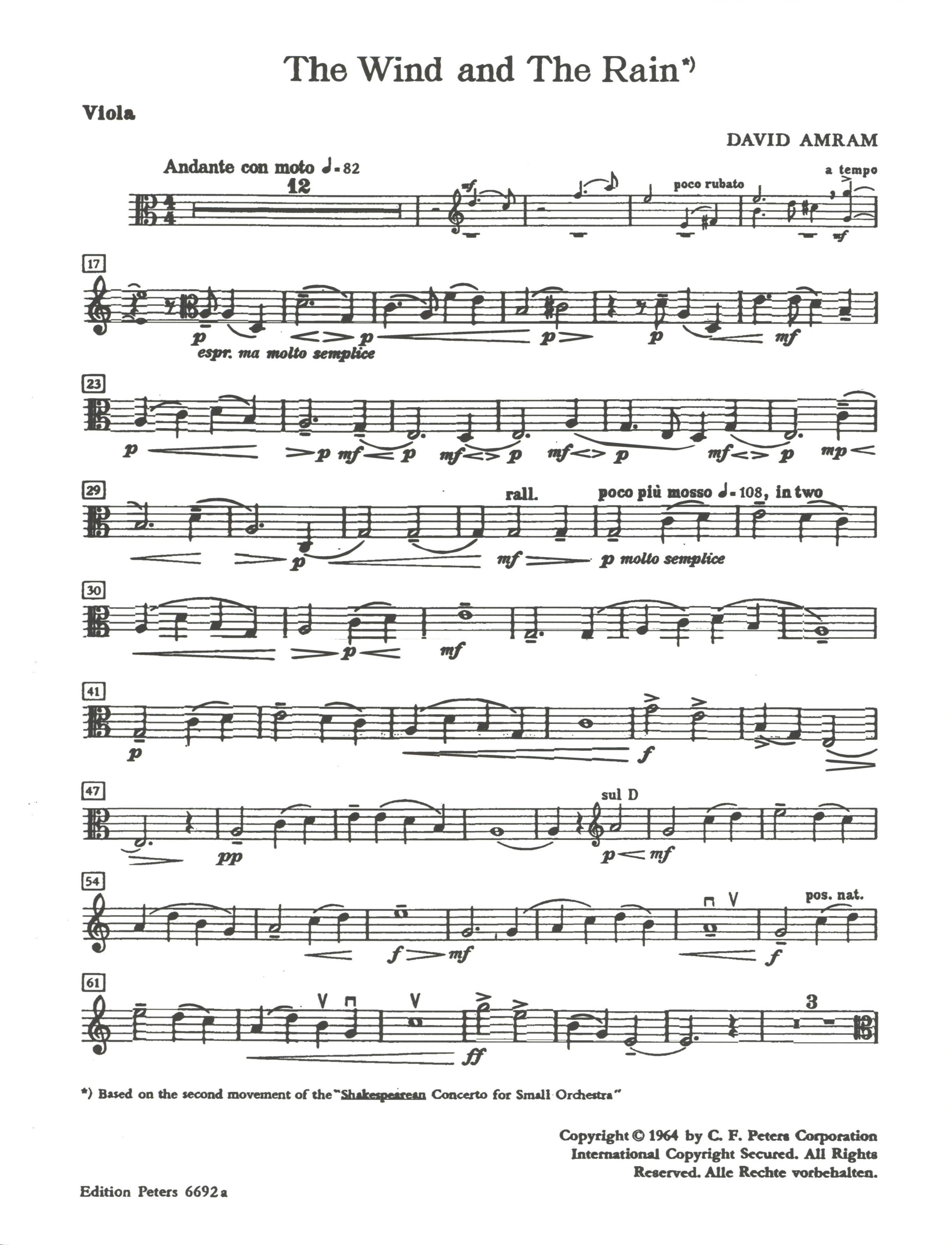 Amram: The Wind and the Rain for Viola and Piano